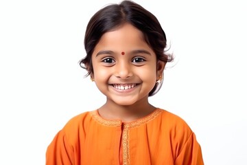 Medium shot portrait of an Indian child female wearing salwar kameez against a white background