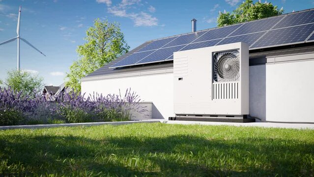 A heat pump with photovoltaic panels installed on the roof of a single-family house, along with a green ro, forms an eco-friendly heating and air conditioning solution for the property