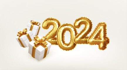 Happy New Year 2024 gold number and gift. Calendar header, greetings, Happy New Year 2024 greeting cards. 3d vector realistic illustration