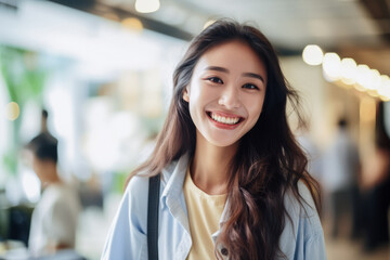 Joyful young woman in casual attire. Generative AI.