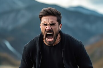Anger Man In A Black Sweater On Mountain Scenery Background. Anger Management, Black Sweater Style, Mountain Scenery, Background Images
