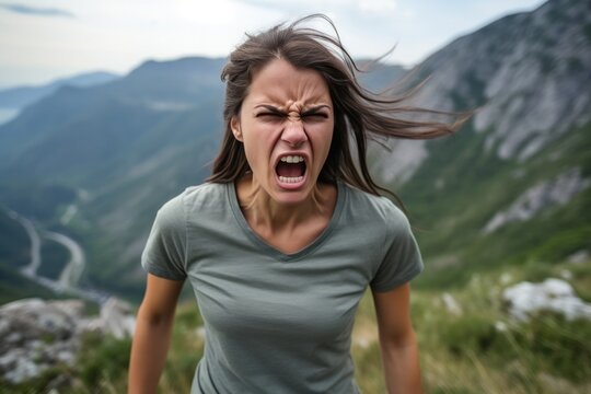 Anger Woman In A Gray Polo Shirt On Mountain Scenery Background. Dealing With Overwhelming Anger, The Effect Of Nature On Mental Health, The Power Of Self Representation