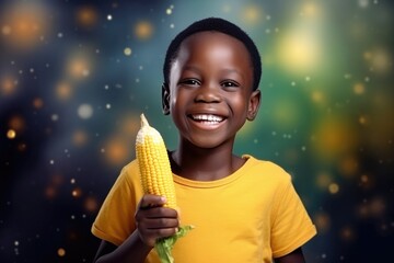 Happiness African Boy Holds And Eats Corn On The Cob On Galaxy Stars Background . Happiness And Corn, African Boys In The Stars, Embracing Joy Of Life, Eating And Enjoying Food - obrazy, fototapety, plakaty