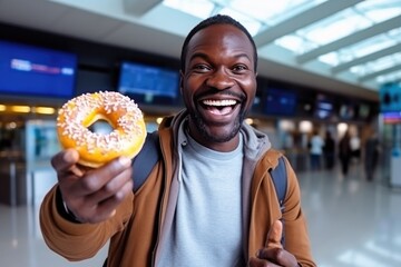 Happiness African Middleaged Man Holds And Eats Donuts On At The Airport.