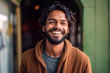Fototapeta premium Portrait of handsome Indian man laughing and looking at camera in cafe