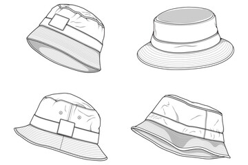 set of bucket hat outline drawing vector, bucket hat in a sketch style,  template outline for training, vector Illustration.