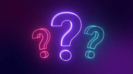 Three Neon question mark icon. Chat of support service, FAQ, get answer and advice