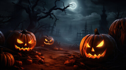 Fototapeta premium Halloween Pumpkins in the Woods.Generative Ai