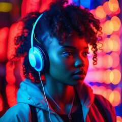 Generative AI illustration of an African woman with earphones and neon lights behind her. City light. serious expression