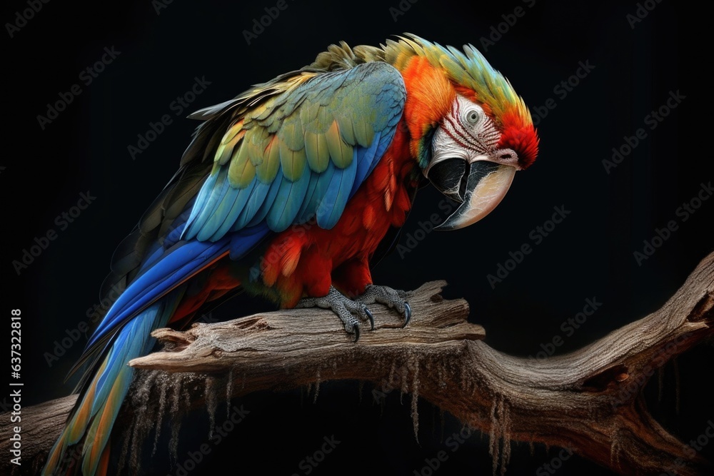 Wall mural parrot perched on a branch, grooming its tail feathers