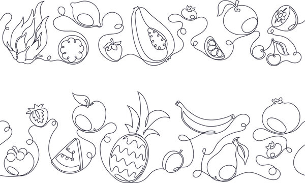 Hand drawn one line style tropical fruit horizontal seamless border. Continuous line borders with fresh organic fruits and berries, monoline sketch for print or packaging design element vector set