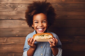 Surprise African Boy Holds And Eats Sushi On Wooden Plank Background. Сoncept Shocking Kids Try Sushi, Surprising African Cuisine, Crosscultural Foods Exploration, Thrill Of Tasting New Cuisines