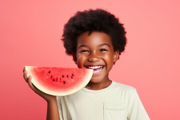 Surprise African Boy Holds And Eats Watermelon On Pastel Background. Сoncept Surprise, African...