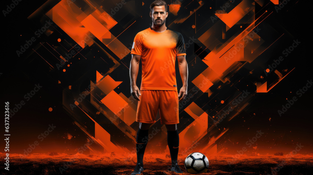Poster a man standing in front of a soccer ball. generative ai image.