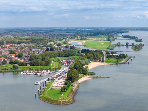 Aerial drone view of the marina and river in Gorinchem Netherlands