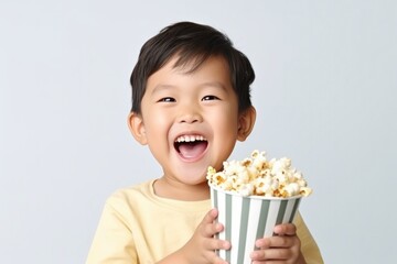 Happiness Asian Boy Holds And Eats Popcorn On White Background. Сoncept Asian Happiness, Popcorn Eating, Boy Background, Joyful Treats