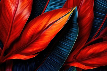 Trendy fluorescent color design constructed with leaves from the bird of paradise plant. Flat lay in striking reds. Nature concept