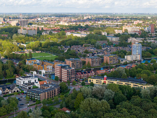 Aerial drone photo of a residential area with apartment buildings in Leiden, the Netherlands.