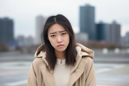 Sadness Asian Woman In A Beige Jacket On City Background. Сoncept Mental Health, Asian Representation, Representation In Visuals, Fashion Impact