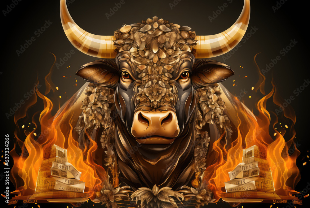 Aufkleber a bull that is standing in front of a fire. generative ai image.
