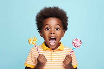 Surprise African Boy Holds And Eats Candy On Pastel Background. Сoncept Surprising African...