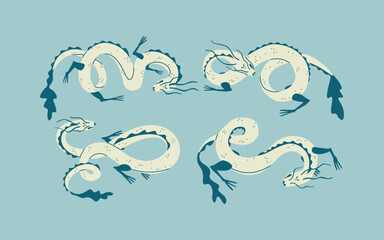 Set of four decorative dragons. Asian dragon or serpent, symbol of Chinese 2024. Vector isolated illustration.