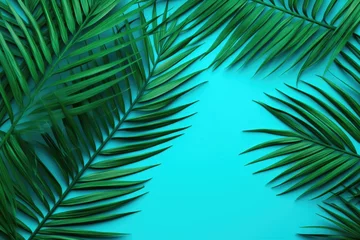 Papier Peint photo Lavable Turquoise Vibrant fluorescent color scheme using coconut palm leaves. Flat lay in energetic turquoise. Nature concept