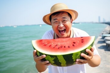 Surprise Asian Middleaged Man Holds And Eats Watermelon On By The Sea. Сoncept Surprise Experiences Of Middleaged Asian Men, Health Benefits Of Eating Watermelon, Asian Relationship To Nature
