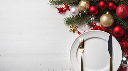 Christmas Banner Dinner Table Setting Frame With Empty Plate, Cutlery, Christmas Toys And Fir Tree. Winter Holidays Background