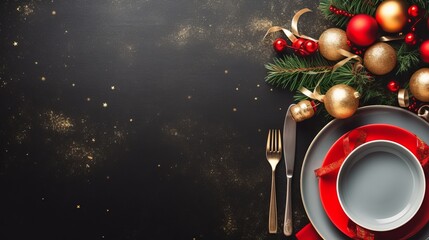 Christmas Banner Dinner Table Setting Frame With Empty Plate, Cutlery, Christmas Toys And Fir Tree. Winter Holidays Background