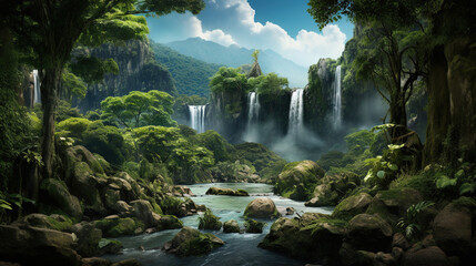 Waterfall in a jungle. Generative Ai