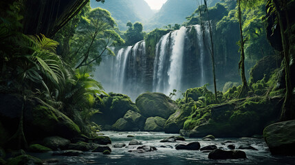 Waterfall in a jungle. Generative Ai - obrazy, fototapety, plakaty