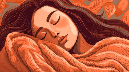 Attractive sleeping young woman wrapped in a blanket, generative AI.