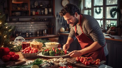 Man preparing delicious and healthy food in the home kitchen for christmas