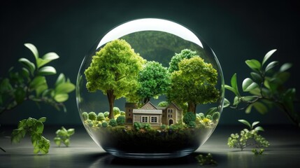 Miniature, Glass sphere, Village, House, Green trees, Plants, Nature, Crystal. THE SPHERICAL VILLAGE. A house surrounded by nature protected by a crystal ball containing a lush green nature to defend