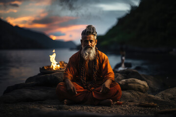 Older mixed race man meditating on the beach in the sunset.