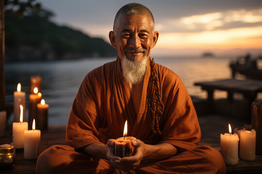 Portrait of the older japanese man sitting on the beach. He is holding candle in his hands