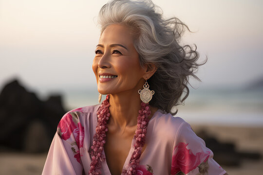 Portrait of a mixed race older woman on the beach