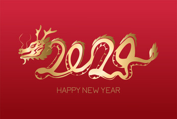 Happy New year 2024. The year of the dragon of lunar Eastern calendar. Creative Chinese golden dragon logo on red background. Happy Chinese New Year Greeting Card, banner.