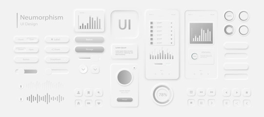 A set of user interface elements for a mobile application in white gray. User interface icons for the internet, social networks, and business. Neumorphic UI UX design collection. Vector illustration.