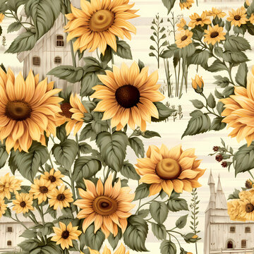 Seamless floral pattern with sunflowers, Vintage style AI Generative