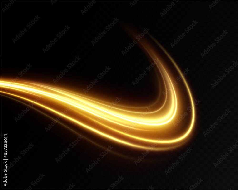 Aufkleber Golden glowing swirl. The effect of moving at the speed of light. Easy trail. Shiny wavy path. Vector.Neon light.