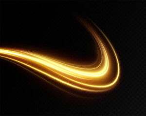 Golden glowing swirl. The effect of moving at the speed of light. Easy trail. Shiny wavy path. Vector.Neon light.