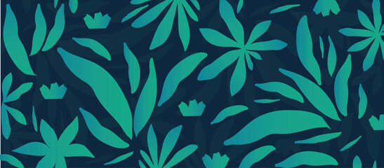 Fototapeta na wymiar Green vector background with scattered abstract leaves, flowers and other botanical elements. Random cutout tropical foliage collage, ornamental texture, cute decorative pattern 