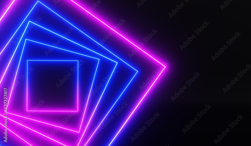 Poster abstract neon light background with rotation square frames in perspective and empty space, 3d render