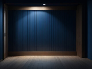 Dark blue background empty room wooden wall and floor with spotlights. 3D rendering product presentation display mockup.