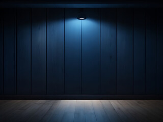 Dark blue background empty room wooden wall and floor with spotlights. 3D rendering product presentation display mockup.