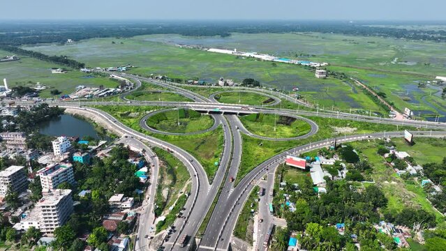 Aerial view of Cloverleaf Interchange with flyover in Bhanga, Bangladesh.