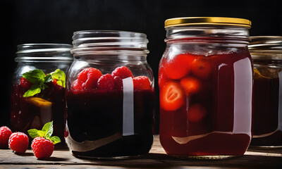 Fototapeta na wymiar Pickled canned fruit jam storage jars