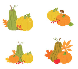 Set of different compositions from pumpkins, autumn leaves, berries and mushrooms. Vector illustration. Autumntime concept. 